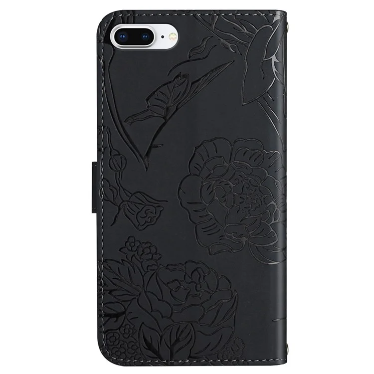 Pour Iphone 8 Plus / 7 Plus 5,5 Pouces, Touche de Peau pu Leather Téléphone Bag du Téléphone Butterfly Flower Match Imprimé Portefeuille Flip Téléphone Couvercle Avec Bracelet de Poignet - le Noir