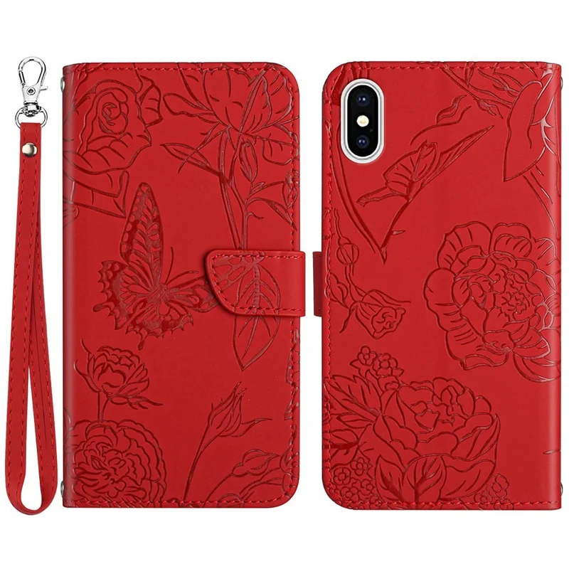For iPhone XS Max 6.5 inch PU Leather Case Folding Stand Skin-touch Feeling Butterfly Flower Pattern Imprinted Flip Wallet Phone Cover with Wrist Strap - Red