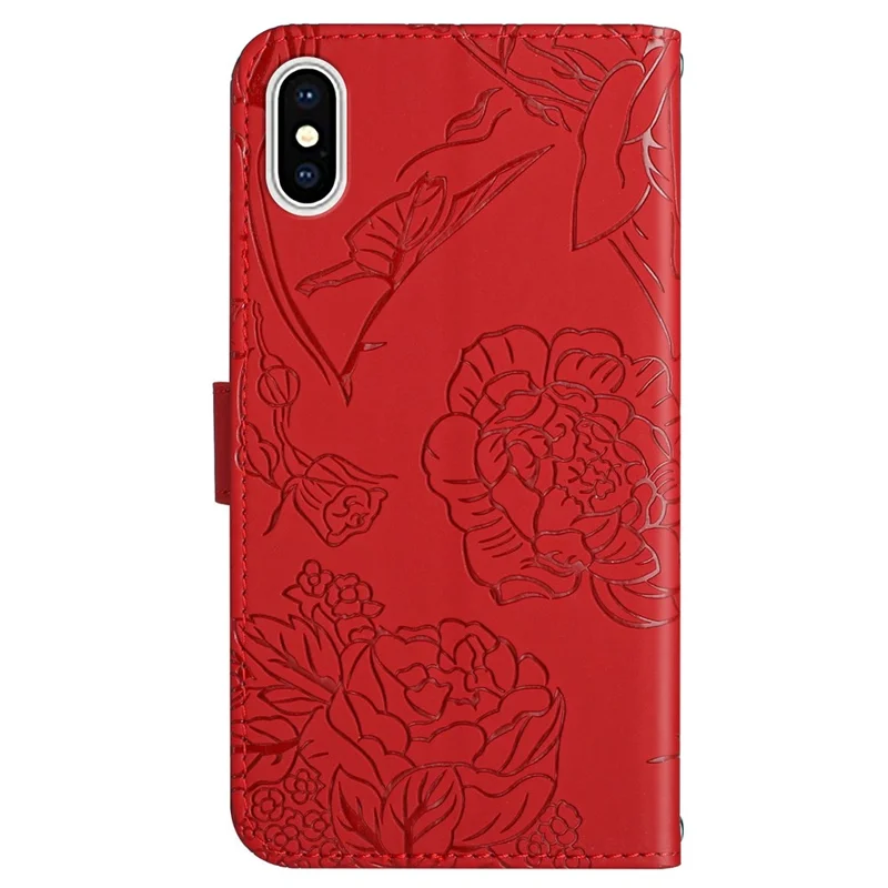 For iPhone XS Max 6.5 inch PU Leather Case Folding Stand Skin-touch Feeling Butterfly Flower Pattern Imprinted Flip Wallet Phone Cover with Wrist Strap - Red