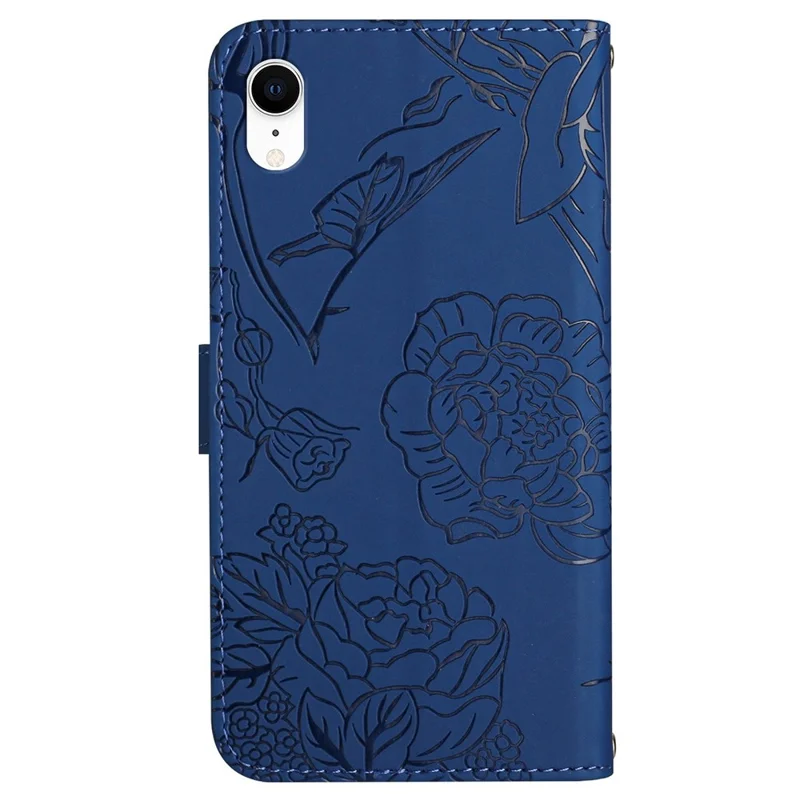 For iPhone XR 6.1 inch Skin-touch Feeling Leather Smartphone Case Butterfly Flower Pattern Imprinted Flip Wallet Phone Cover with Wrist Strap - Blue