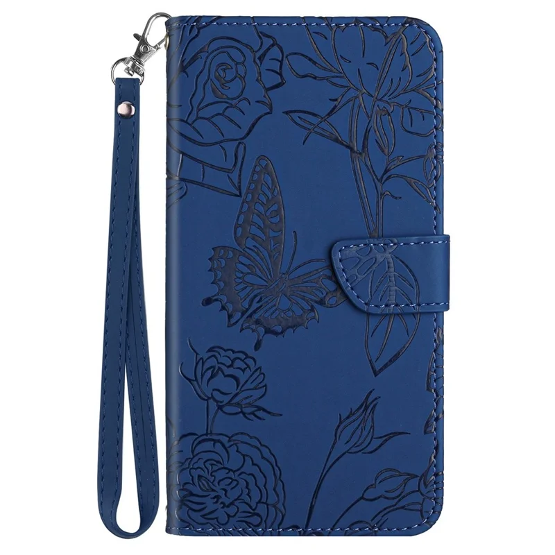 For iPhone XR 6.1 inch Skin-touch Feeling Leather Smartphone Case Butterfly Flower Pattern Imprinted Flip Wallet Phone Cover with Wrist Strap - Blue