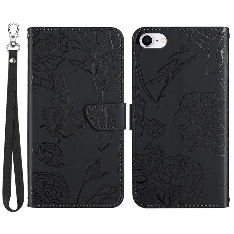 For iPhone SE (2022)/SE (2020)/8/7 4.7 inch Leather Phone Cover Stand Skin-touch Feeling Butterfly Flower Pattern Imprinted Pattern Flip Wallet with Wrist Strap - Black
