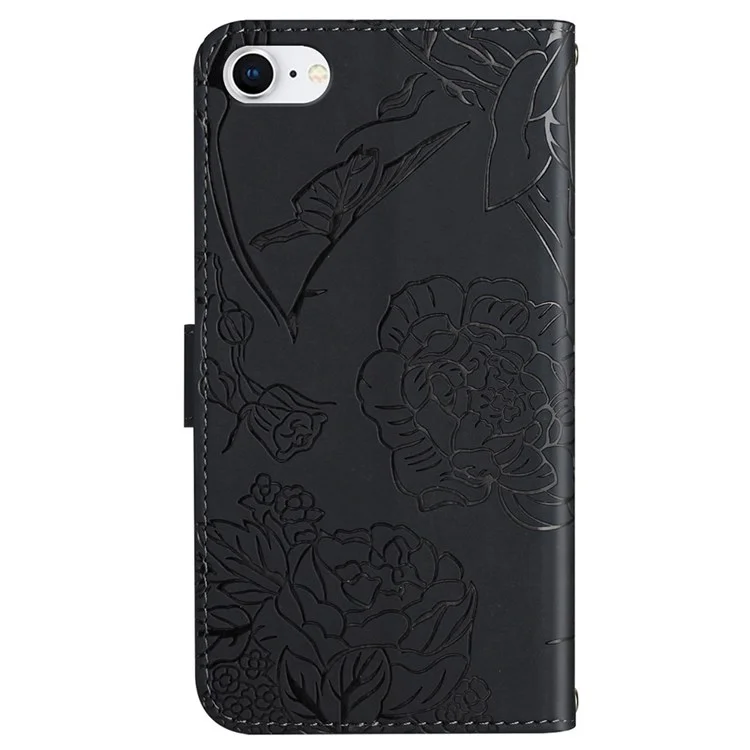 For iPhone SE (2022)/SE (2020)/8/7 4.7 inch Leather Phone Cover Stand Skin-touch Feeling Butterfly Flower Pattern Imprinted Pattern Flip Wallet with Wrist Strap - Black