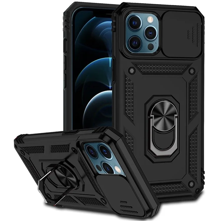 Für iPhone 12 Pro Max 6.7 Zoll Stylisches Handyhülle Ring Ständer Hybrid PC + TPU Schale mit Schiebe-Kamera-Schutzabdeckung - Schwarz