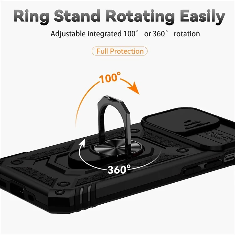 Für iPhone 12 Pro Max 6.7 Zoll Stylisches Handyhülle Ring Ständer Hybrid PC + TPU Schale mit Schiebe-Kamera-Schutzabdeckung - Schwarz