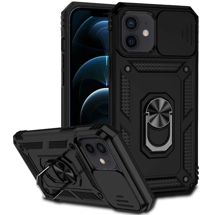 Pour iPhone 12/12 Pro 6.1 pouces Étui de téléphone à la mode Protection de l'objectif de la caméra Anneau de support Boîtier de téléphone hybride PC + TPU - Noir