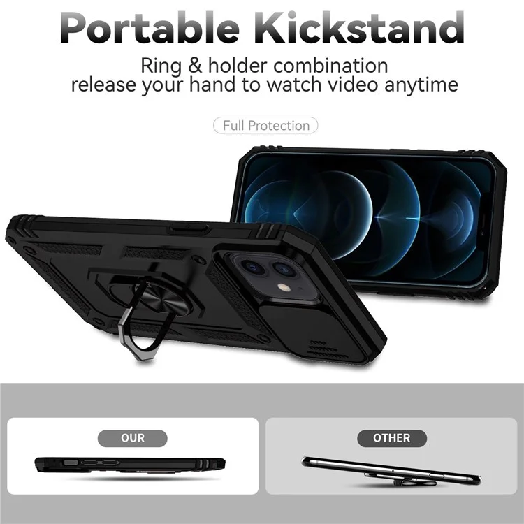 Pour iPhone 12/12 Pro 6.1 pouces Étui de téléphone à la mode Protection de l'objectif de la caméra Anneau de support Boîtier de téléphone hybride PC + TPU - Noir