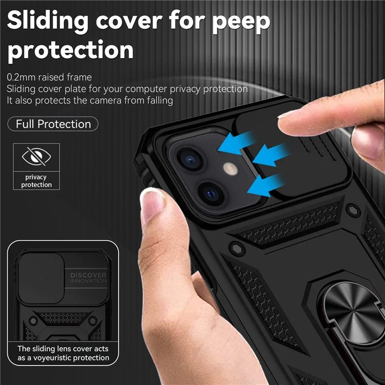 Pour iPhone 12/12 Pro 6.1 pouces Étui de téléphone à la mode Protection de l'objectif de la caméra Anneau de support Boîtier de téléphone hybride PC + TPU - Noir