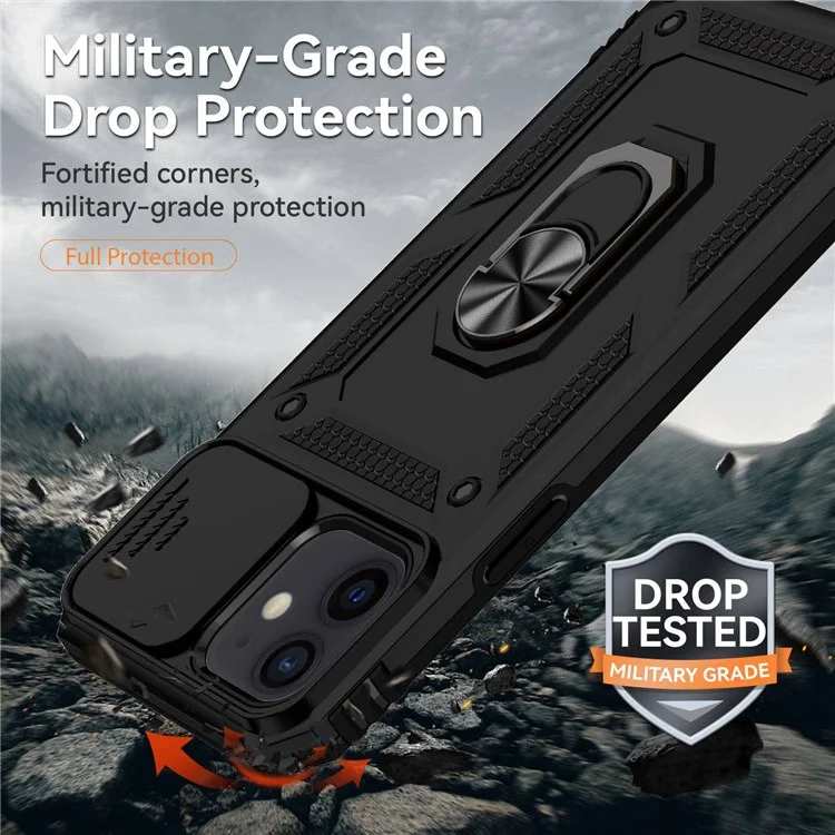 Pour iPhone 12/12 Pro 6.1 pouces Étui de téléphone à la mode Protection de l'objectif de la caméra Anneau de support Boîtier de téléphone hybride PC + TPU - Noir
