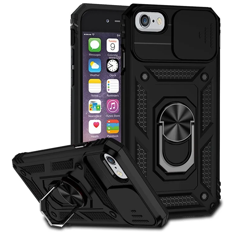 For iPhone SE (2022)/SE (2020)/8/7 4.7 inch Dustproof Phone Case Ring Kickstand Hybrid PC TPU Phone Shell with Slide Camera Protection Cover - Black