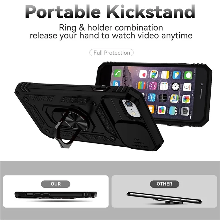 For iPhone SE (2022)/SE (2020)/8/7 4.7 inch Dustproof Phone Case Ring Kickstand Hybrid PC TPU Phone Shell with Slide Camera Protection Cover - Black