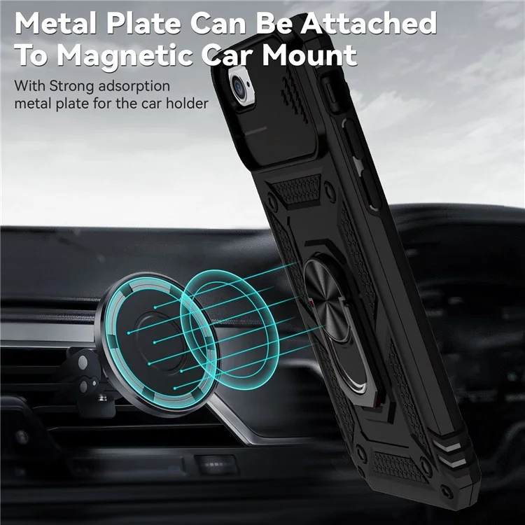 For iPhone SE (2022)/SE (2020)/8/7 4.7 inch Dustproof Phone Case Ring Kickstand Hybrid PC TPU Phone Shell with Slide Camera Protection Cover - Black