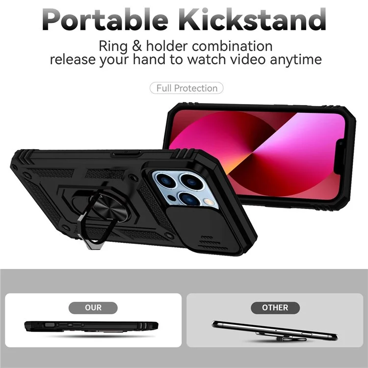 Per iPhone 13 Pro 6.1 pollici Slide Camera Protection Cover Custodia telefonica leggera Anello Supporto Ibrida PC + TPU Shell - Nero