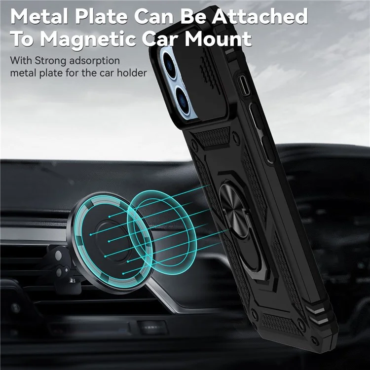 Per iPhone 13 Pro 6.1 pollici Slide Camera Protection Cover Custodia telefonica leggera Anello Supporto Ibrida PC + TPU Shell - Nero