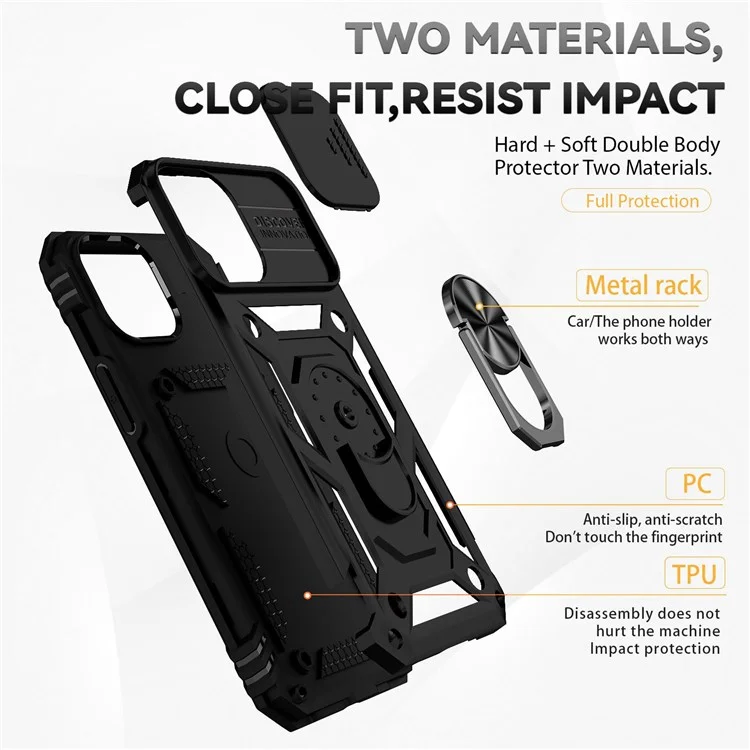 Per iPhone 13 Pro 6.1 pollici Slide Camera Protection Cover Custodia telefonica leggera Anello Supporto Ibrida PC + TPU Shell - Nero