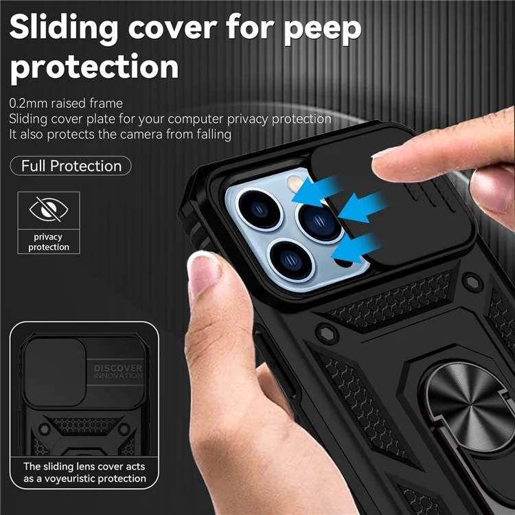 Per iPhone 13 Pro 6.1 pollici Slide Camera Protection Cover Custodia telefonica leggera Anello Supporto Ibrida PC + TPU Shell - Nero