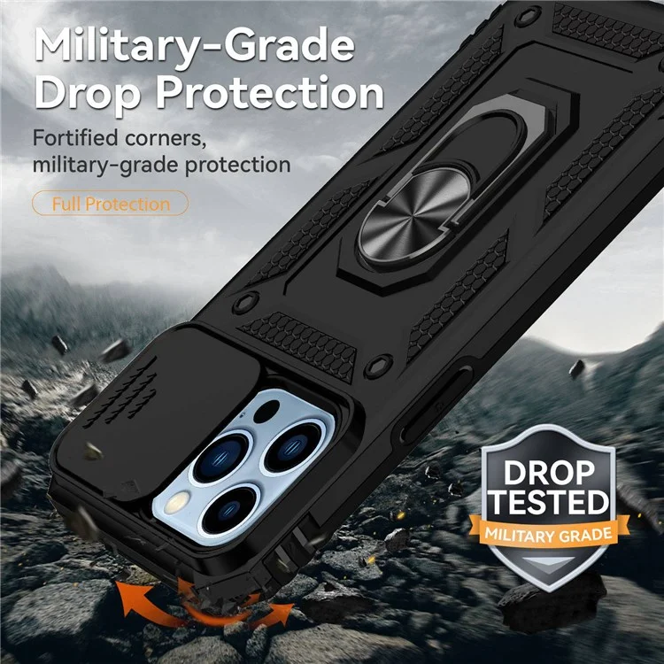 Per iPhone 13 Pro 6.1 pollici Slide Camera Protection Cover Custodia telefonica leggera Anello Supporto Ibrida PC + TPU Shell - Nero