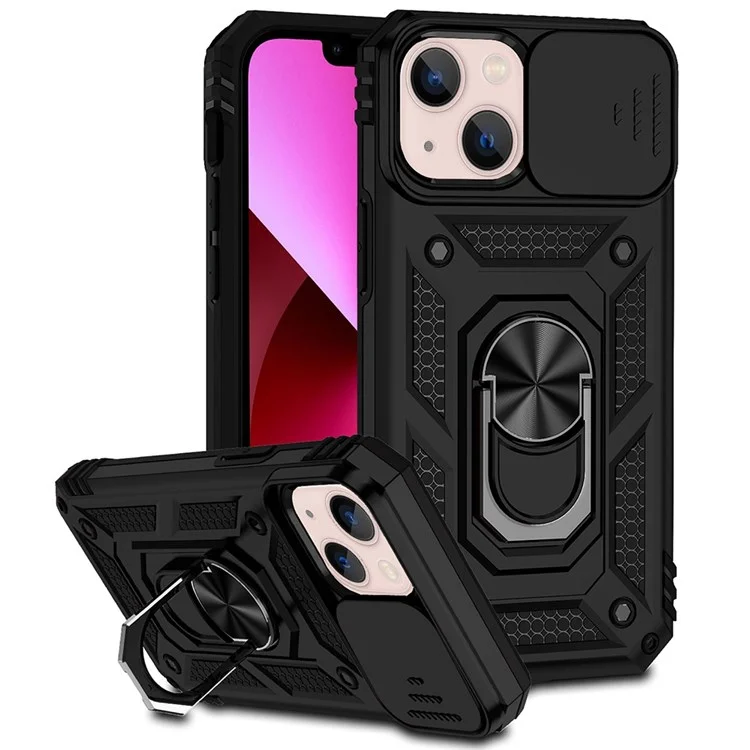 For iPhone 13 mini 5.4 inch Mobile Phone Cover Slide Camera Protection Ring Kickstand Hybrid PC + TPU Phone Case - Black