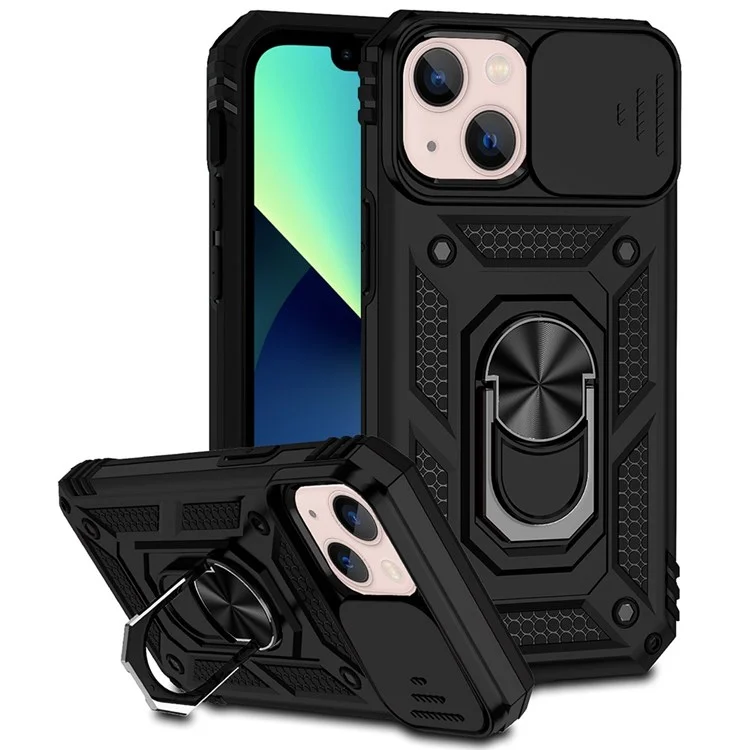 For iPhone 13 6.1 inch Anti-scratch Cell Phone Case Ring Kickstand Hybrid PC + TPU Shell with Slide Camera Protection Cover - Black