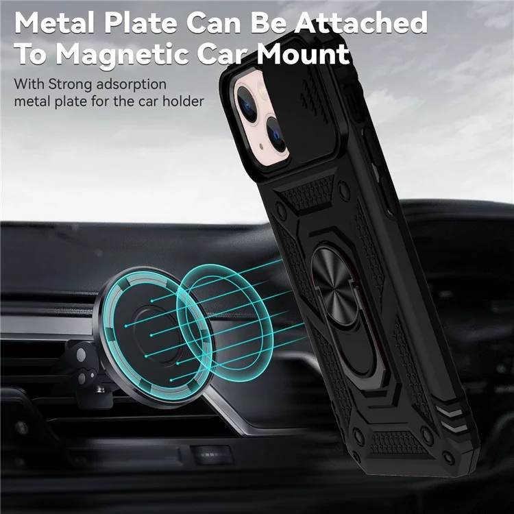 For iPhone 13 6.1 inch Anti-scratch Cell Phone Case Ring Kickstand Hybrid PC + TPU Shell with Slide Camera Protection Cover - Black