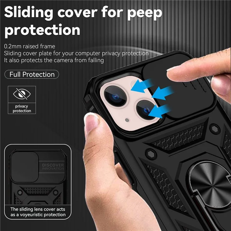 For iPhone 13 6.1 inch Anti-scratch Cell Phone Case Ring Kickstand Hybrid PC + TPU Shell with Slide Camera Protection Cover - Black