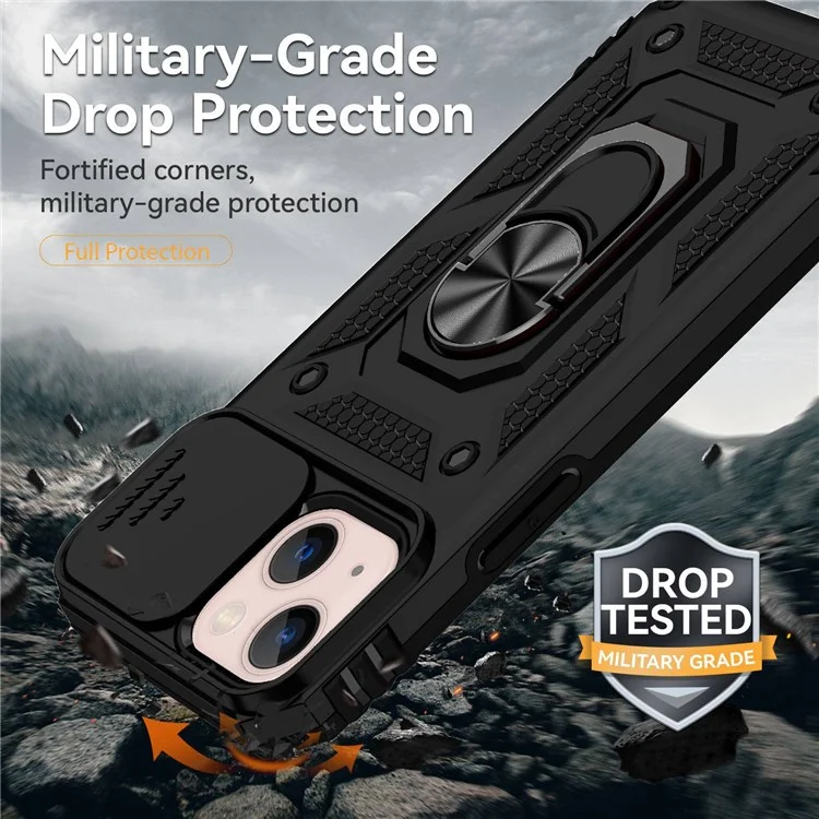 For iPhone 13 6.1 inch Anti-scratch Cell Phone Case Ring Kickstand Hybrid PC + TPU Shell with Slide Camera Protection Cover - Black
