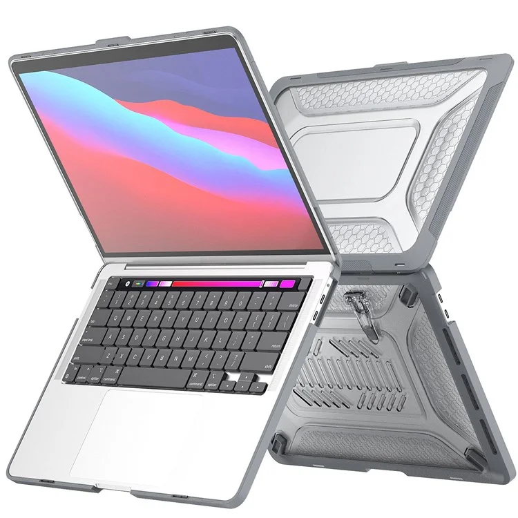 For MacBook Pro 13 inch (2020) PC + TPU Laptop Case Anti-scratch Full-Protection Notebook Cover with Supporting Feet - Grey