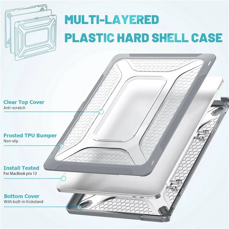 For MacBook Pro 13 inch (2020) PC + TPU Laptop Case Anti-scratch Full-Protection Notebook Cover with Supporting Feet - Grey