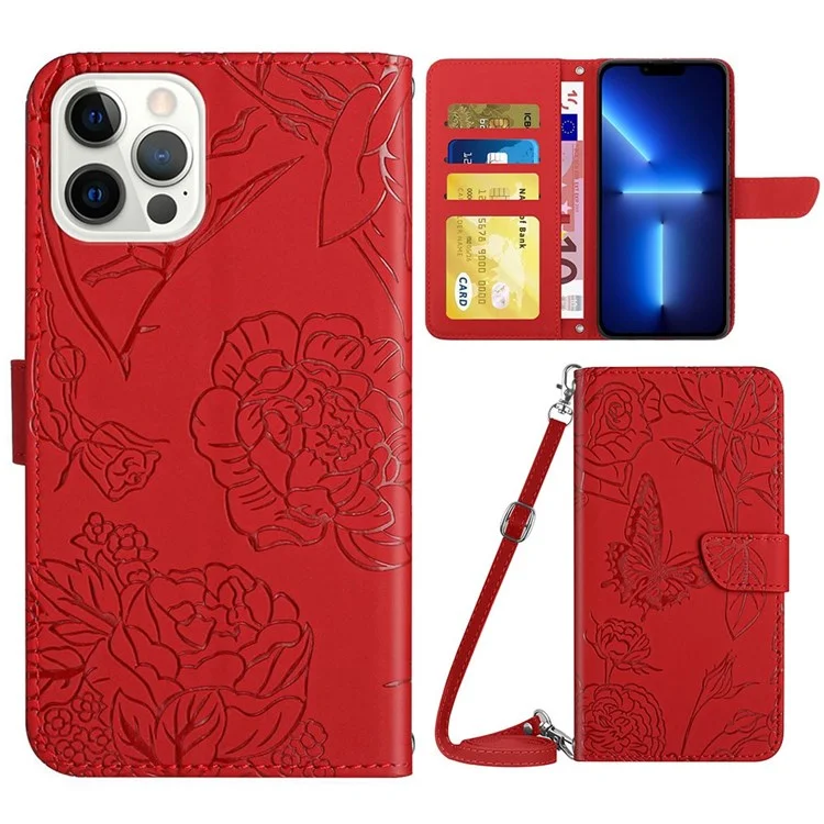 For iPhone 13 Pro Max 6.7 inch Butterfly Flowers Imprinting Anti-fall PU Leather Phone Shell, Pattern Imprinting Design Wallet Stand Case with Shoulder Strap - Red