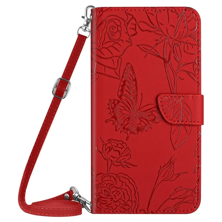 For iPhone 13 Pro Max 6.7 inch Butterfly Flowers Imprinting Anti-fall PU Leather Phone Shell, Pattern Imprinting Design Wallet Stand Case with Shoulder Strap - Red