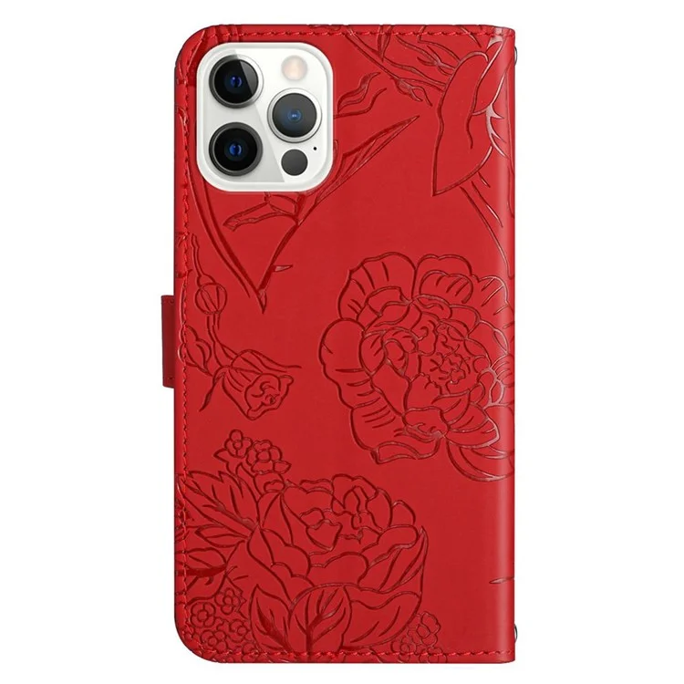 For iPhone 13 Pro Max 6.7 inch Butterfly Flowers Imprinting Anti-fall PU Leather Phone Shell, Pattern Imprinting Design Wallet Stand Case with Shoulder Strap - Red