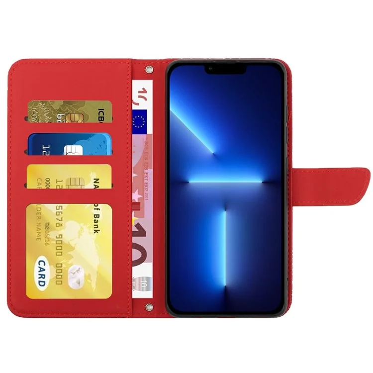 For iPhone 13 Pro Max 6.7 inch Butterfly Flowers Imprinting Anti-fall PU Leather Phone Shell, Pattern Imprinting Design Wallet Stand Case with Shoulder Strap - Red