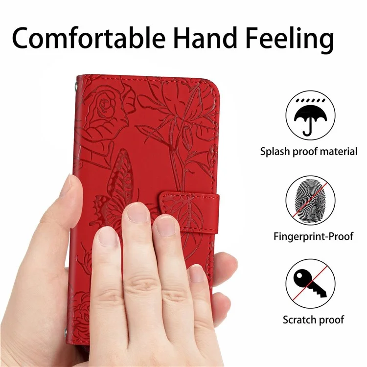 For iPhone 13 Pro Max 6.7 inch Butterfly Flowers Imprinting Anti-fall PU Leather Phone Shell, Pattern Imprinting Design Wallet Stand Case with Shoulder Strap - Red