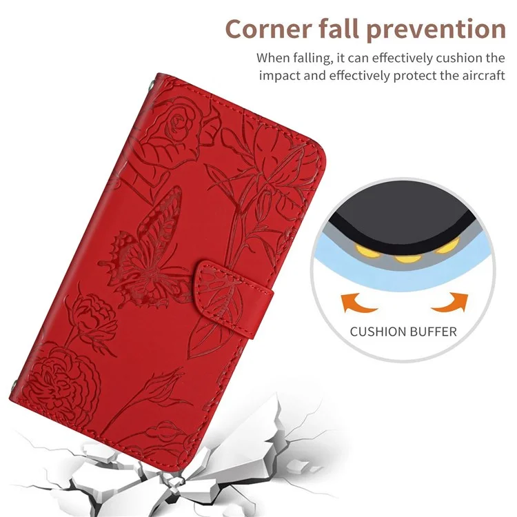 For iPhone 13 Pro Max 6.7 inch Butterfly Flowers Imprinting Anti-fall PU Leather Phone Shell, Pattern Imprinting Design Wallet Stand Case with Shoulder Strap - Red