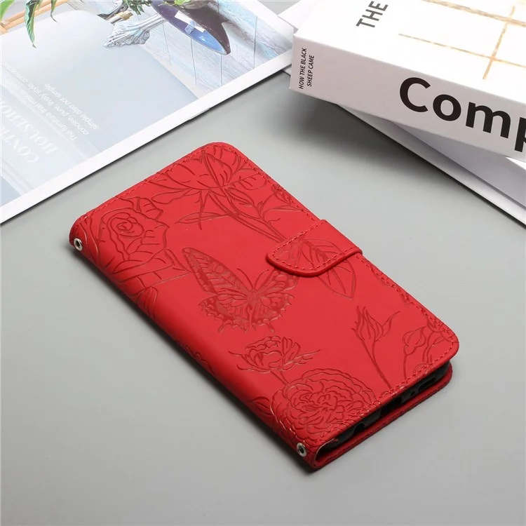 For iPhone 13 Pro Max 6.7 inch Butterfly Flowers Imprinting Anti-fall PU Leather Phone Shell, Pattern Imprinting Design Wallet Stand Case with Shoulder Strap - Red
