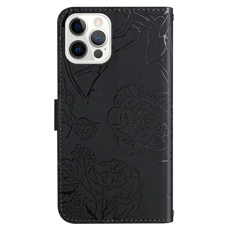Per Iphone 13 Pro 6,1 Pollici in Pelle PU Floro Flower Exprinted Stand Wallet Cover Con Spalla - Nero