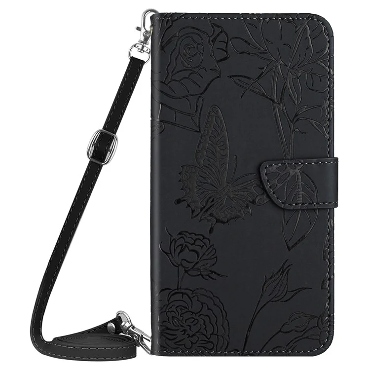 For iPhone 13 6.1 inch Skin-soft Touch PU Leather Folio Wallet Case Imprinted Butterfly Flower Pattern Stand Magnetic Protect Flip Cove with Shoulder Strap - Black