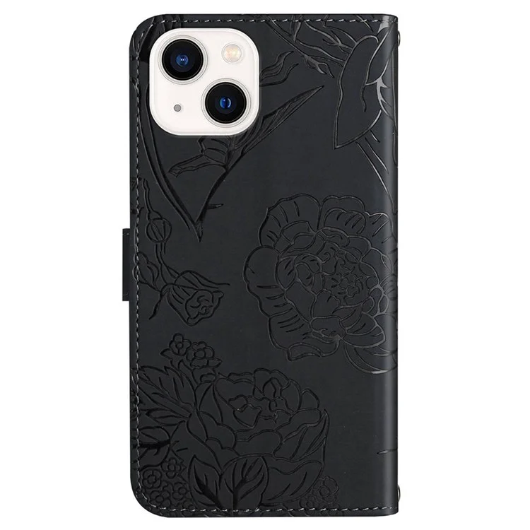 For iPhone 13 6.1 inch Skin-soft Touch PU Leather Folio Wallet Case Imprinted Butterfly Flower Pattern Stand Magnetic Protect Flip Cove with Shoulder Strap - Black