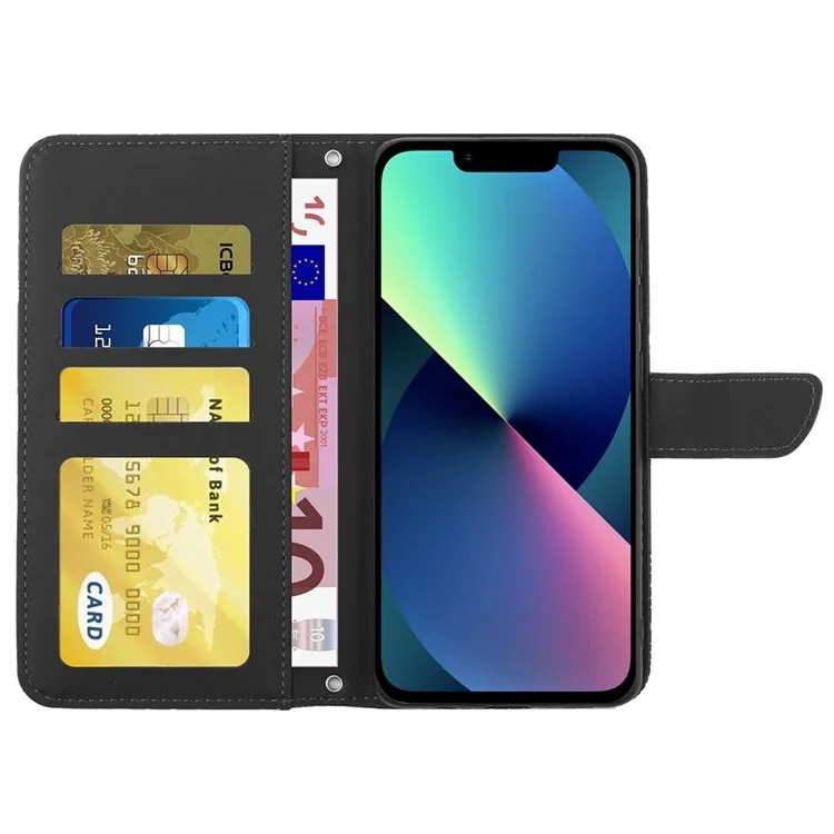 For iPhone 13 6.1 inch Skin-soft Touch PU Leather Folio Wallet Case Imprinted Butterfly Flower Pattern Stand Magnetic Protect Flip Cove with Shoulder Strap - Black