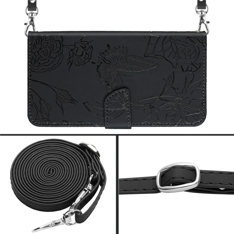 For iPhone 13 6.1 inch Skin-soft Touch PU Leather Folio Wallet Case Imprinted Butterfly Flower Pattern Stand Magnetic Protect Flip Cove with Shoulder Strap - Black