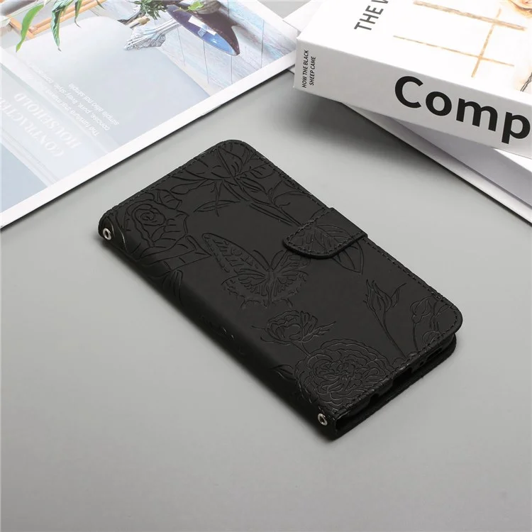 For iPhone 13 6.1 inch Skin-soft Touch PU Leather Folio Wallet Case Imprinted Butterfly Flower Pattern Stand Magnetic Protect Flip Cove with Shoulder Strap - Black