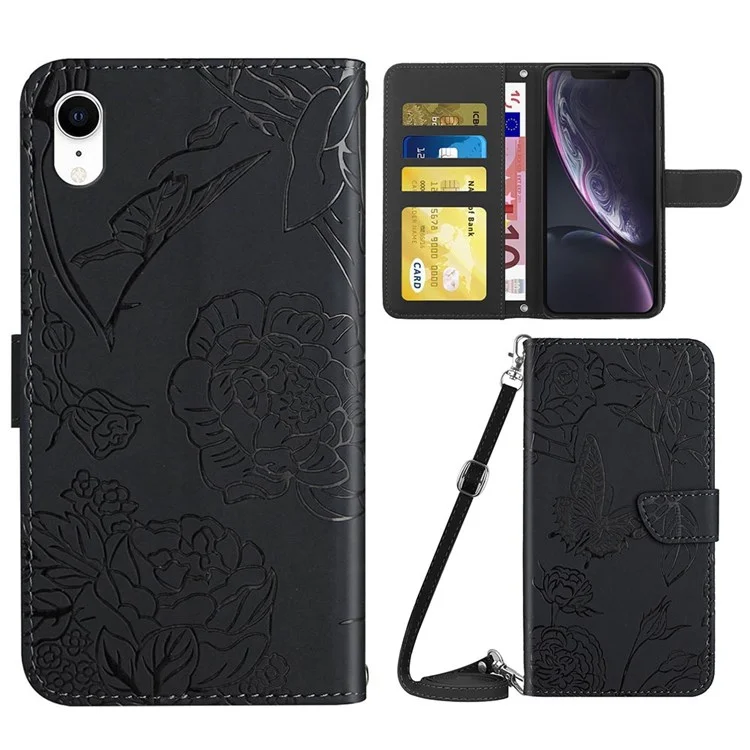 Per Iphone xr 6,1 Pollici Custodia Per Telefono PU Imprinting Imprinting Guscio Del Portafoglio Fiore Con Spalla - Nero