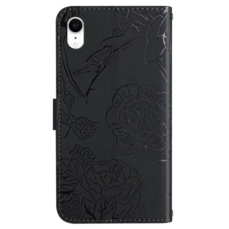 Per Iphone xr 6,1 Pollici Custodia Per Telefono PU Imprinting Imprinting Guscio Del Portafoglio Fiore Con Spalla - Nero