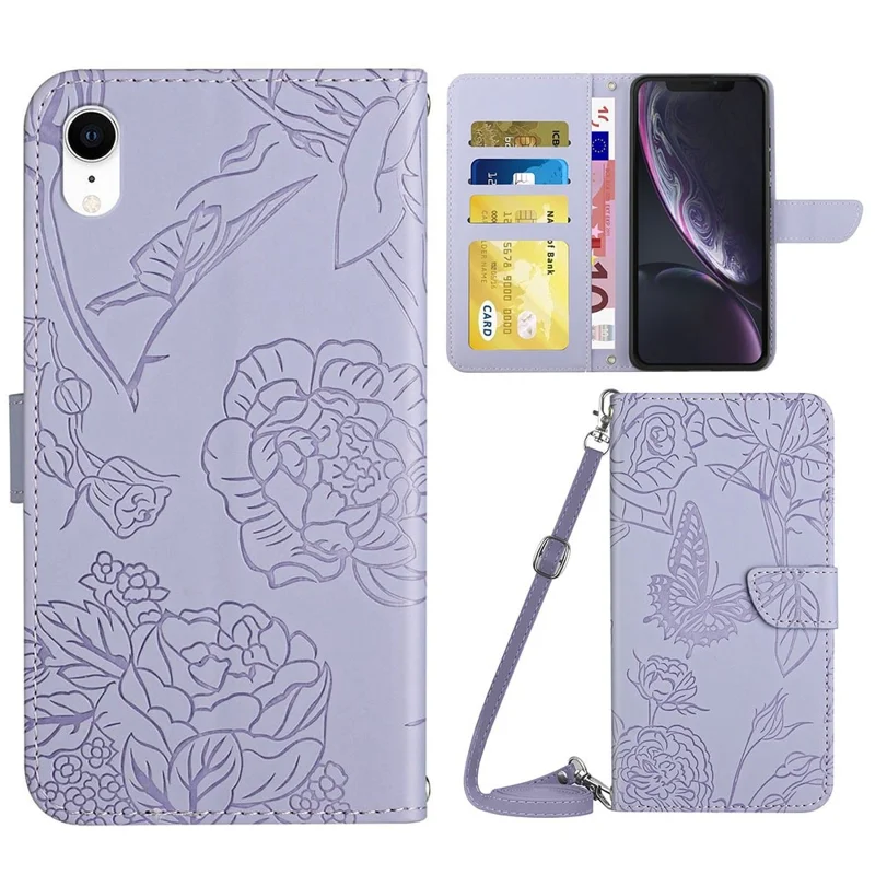 For iPhone XR 6.1 inch Stand Phone Case PU Leather Imprinting Butterflies Flower Pattern Wallet Shell with Shoulder Strap - Light Purple