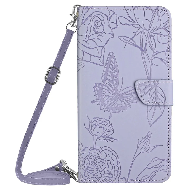 For iPhone XR 6.1 inch Stand Phone Case PU Leather Imprinting Butterflies Flower Pattern Wallet Shell with Shoulder Strap - Light Purple