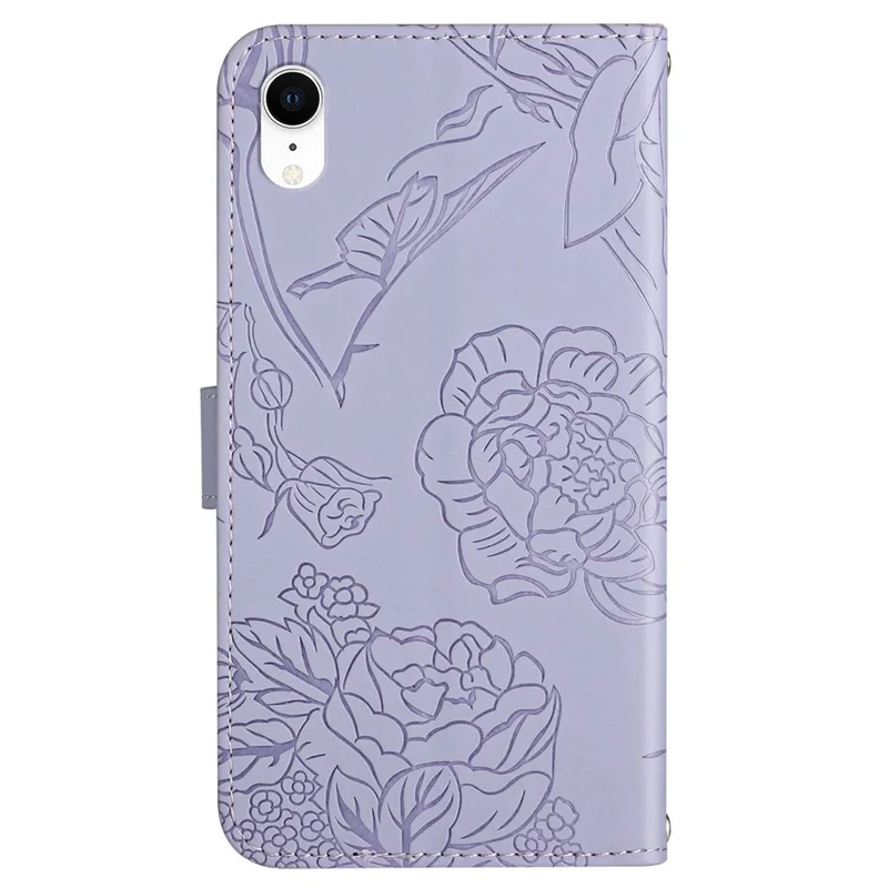 For iPhone XR 6.1 inch Stand Phone Case PU Leather Imprinting Butterflies Flower Pattern Wallet Shell with Shoulder Strap - Light Purple