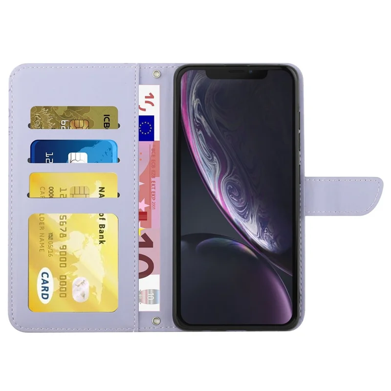 For iPhone XR 6.1 inch Stand Phone Case PU Leather Imprinting Butterflies Flower Pattern Wallet Shell with Shoulder Strap - Light Purple