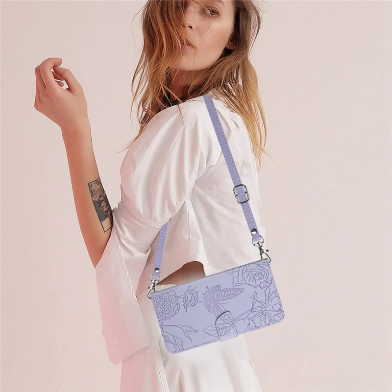 For iPhone XR 6.1 inch Stand Phone Case PU Leather Imprinting Butterflies Flower Pattern Wallet Shell with Shoulder Strap - Light Purple