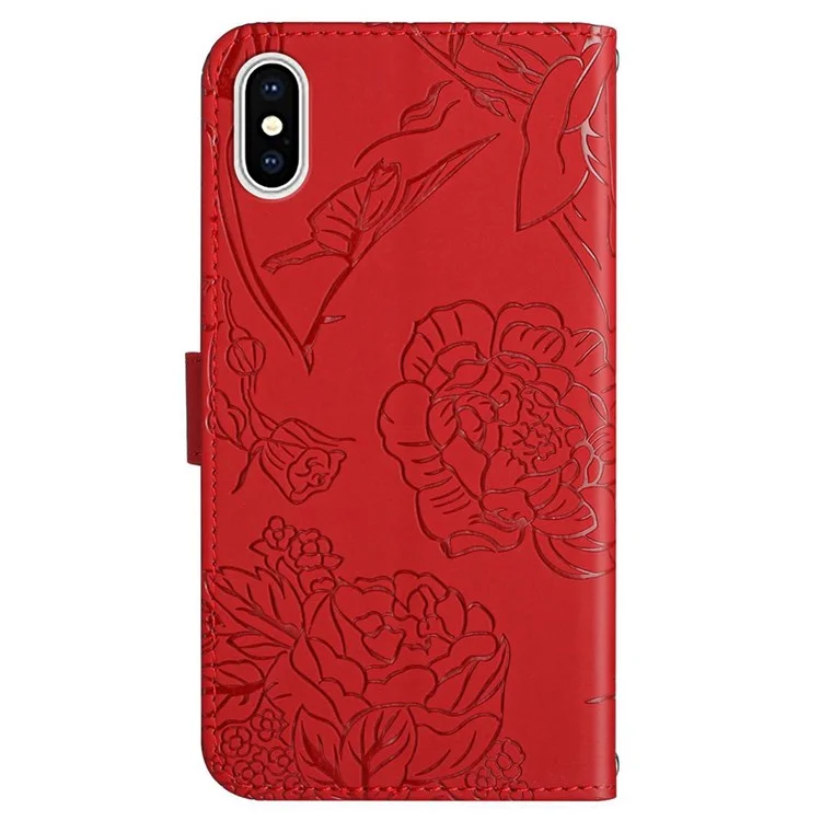 For iPhone XS Max 6.5 inch Skin-touch Leather Cover Imprinting Butterflies Flower Pattern Wallet Stand Phone Case with Shoulder Strap - Red