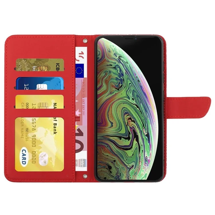 For iPhone XS Max 6.5 inch Skin-touch Leather Cover Imprinting Butterflies Flower Pattern Wallet Stand Phone Case with Shoulder Strap - Red